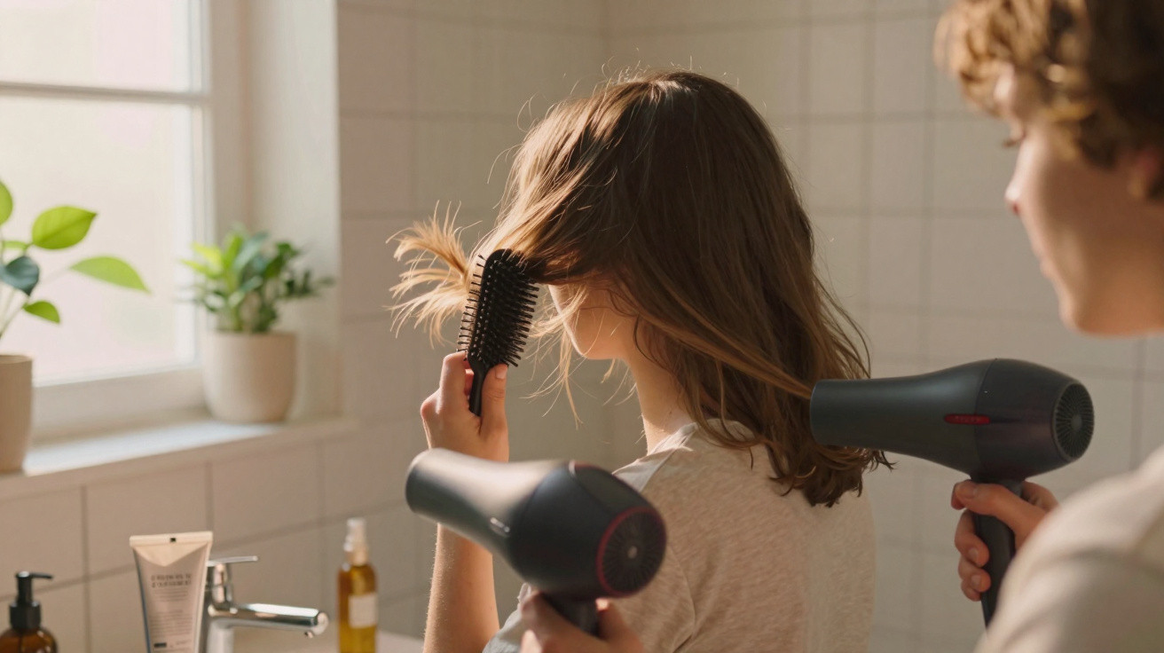 Pessoa a pentear e secar cabelo castanho num banheiro iluminado por luz natural.