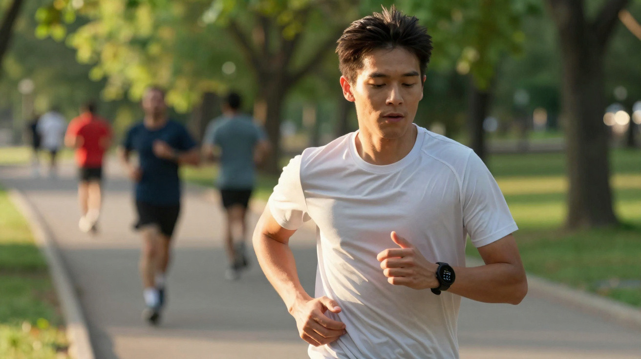 Homem a correr com camiseta branca num parque, com outras pessoas a correr ao fundo.