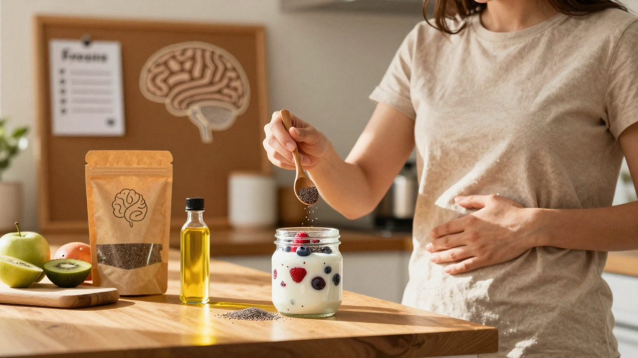Pessoa a preparar iogurte com frutos e sementes de chia numa cozinha iluminada.