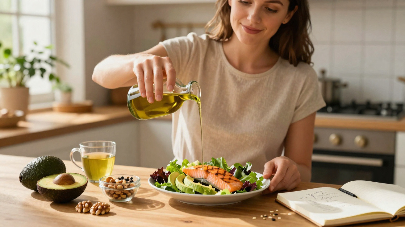 Mulher a preparar salada com salmão, abacate e a regar com azeite numa cozinha moderna.