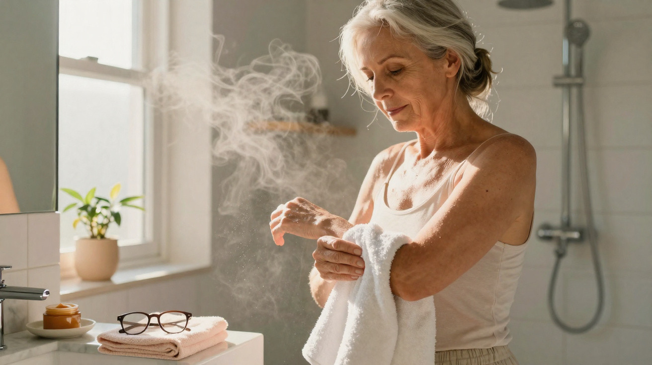 Mulher sénior a secar o braço com toalha branca num banheiro iluminado pela luz natural.
