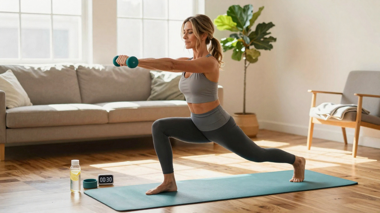 Mulher a fazer exercício de peso com halteres em casa numa sala com luz natural.