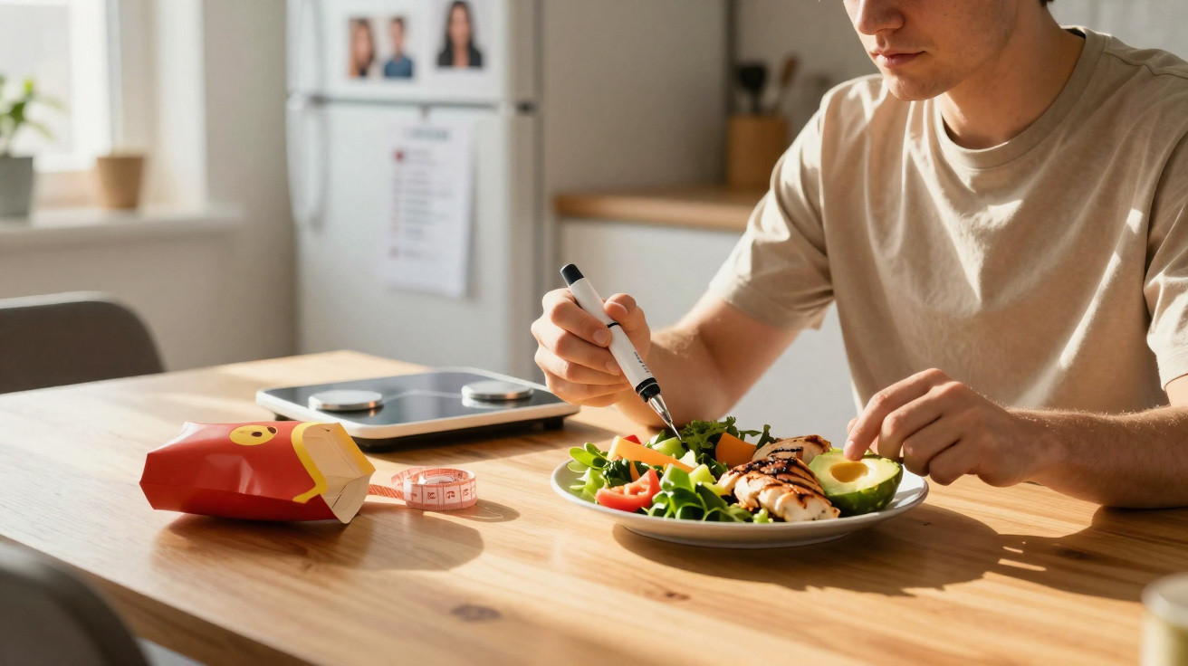 Homem a comer salada saudável com avocado na cozinha, com fita métrica e snacks na mesa.