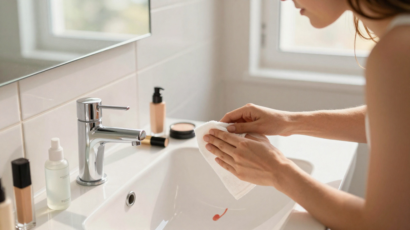 Mulher a remover maquilhagem num lavatório com toalha branca e produtos de beleza à volta.