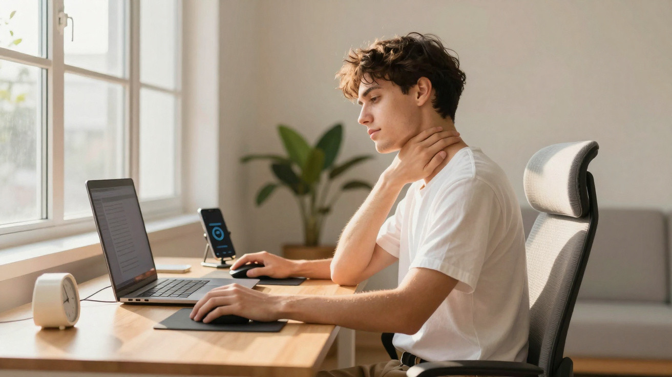 Jovem sentado a trabalhar num computador, tocando o pescoço, aparentando dor ou desconforto.
