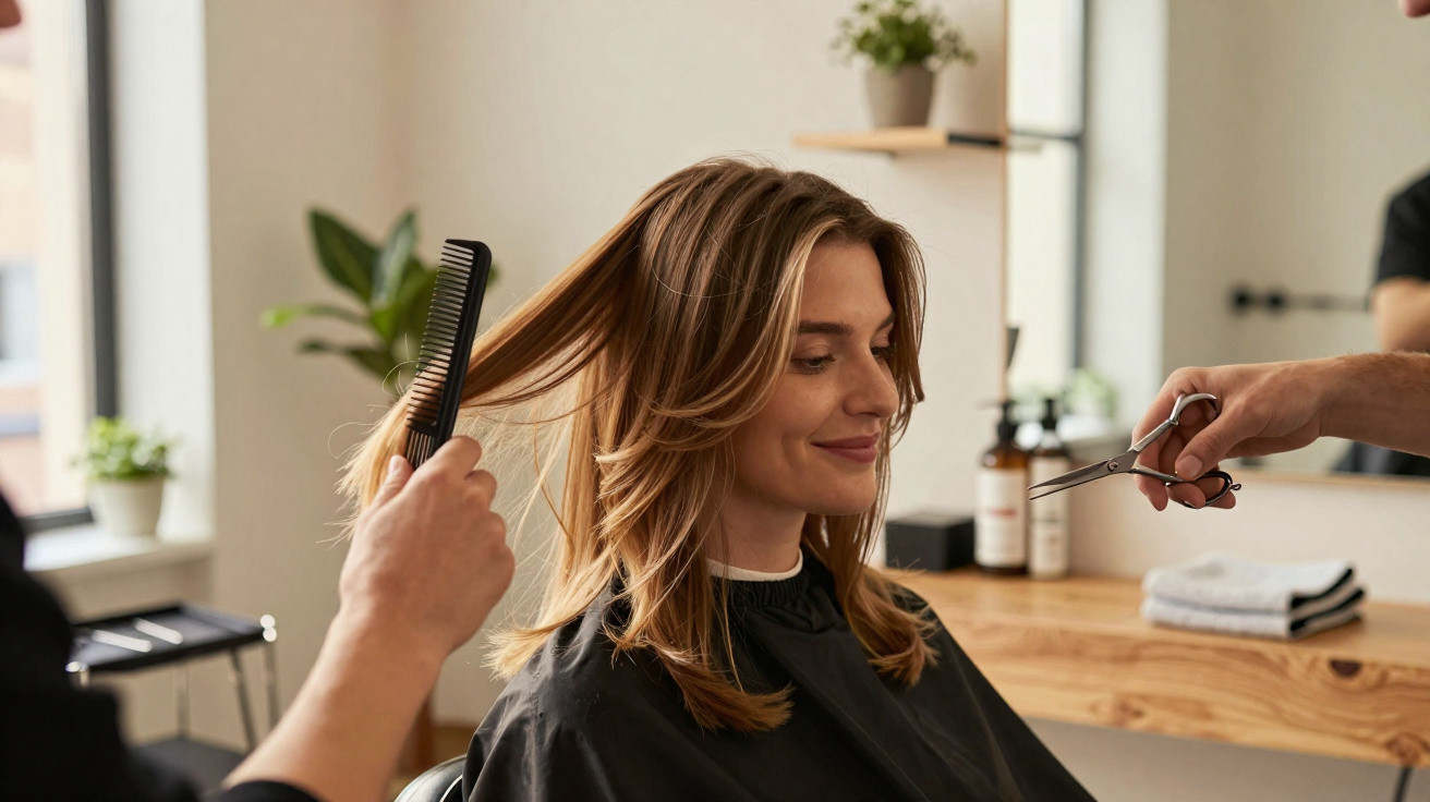 Mulher sorridente sentada num salão de cabeleireiro a cortar e pentear cabelo castanho claro.