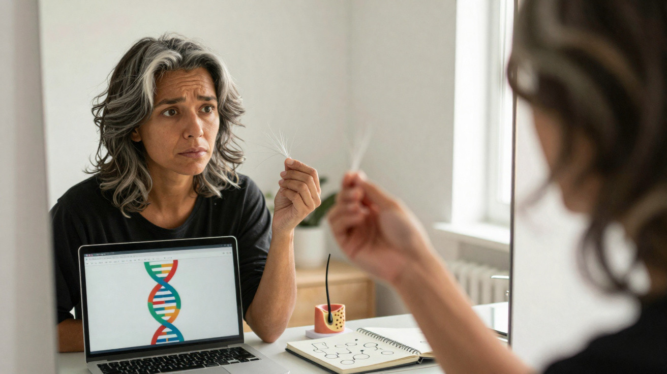 Mulher preocupada olha para o espelho, segurando fios de cabelo, com imagem de DNA num computador portátil.