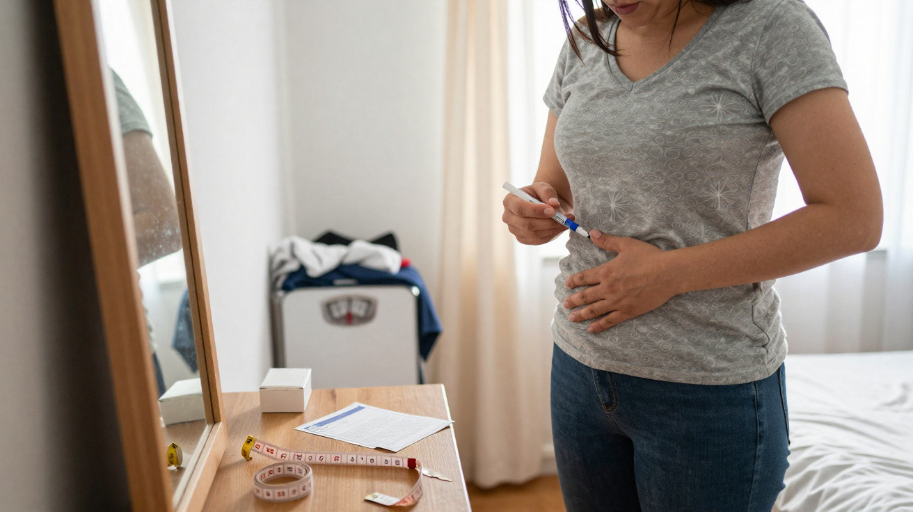 Mulher a fazer teste de gravidez num quarto com mesa, espelho, fita métrica e roupas ao fundo.