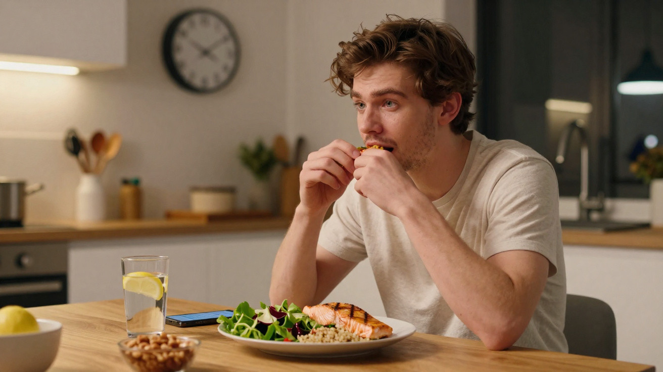 Homem jovem sentado à mesa na cozinha a comer uma refeição saudável com salmão, legumes e quinoa.