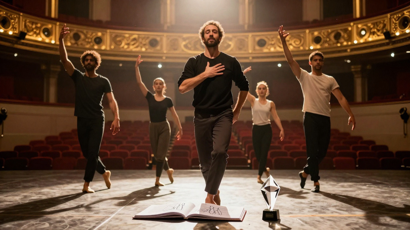Grupo de cinco bailarinos a executar dança contemporânea num palco de teatro vazio.