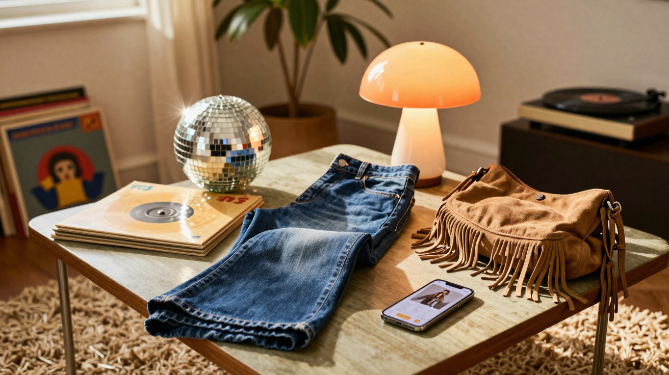 Mesa de madeira com jeans, disco de vinil, disco espelhado, candeeiro laranja e mala castanha com franjas.