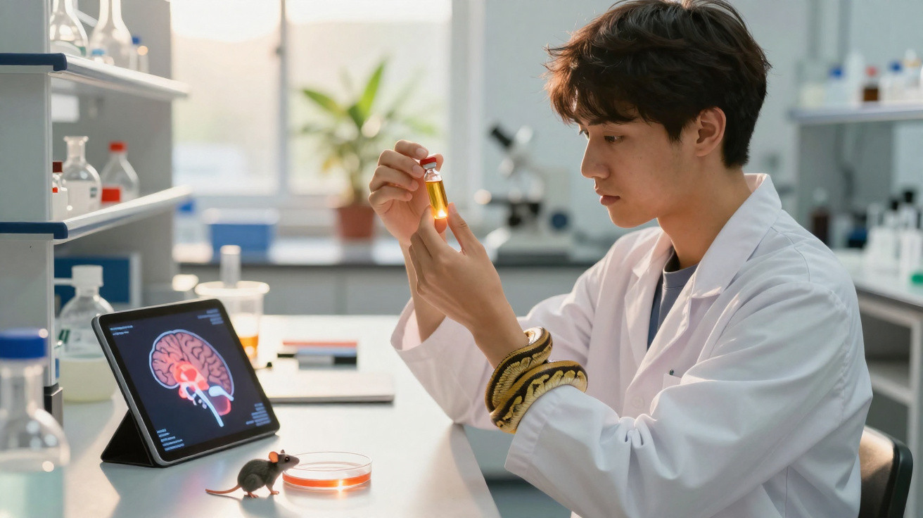 Cientista em laboratório a analisar líquido num frasco, com tablet a mostrar imagem do cérebro e rato de brinquedo na mesa.