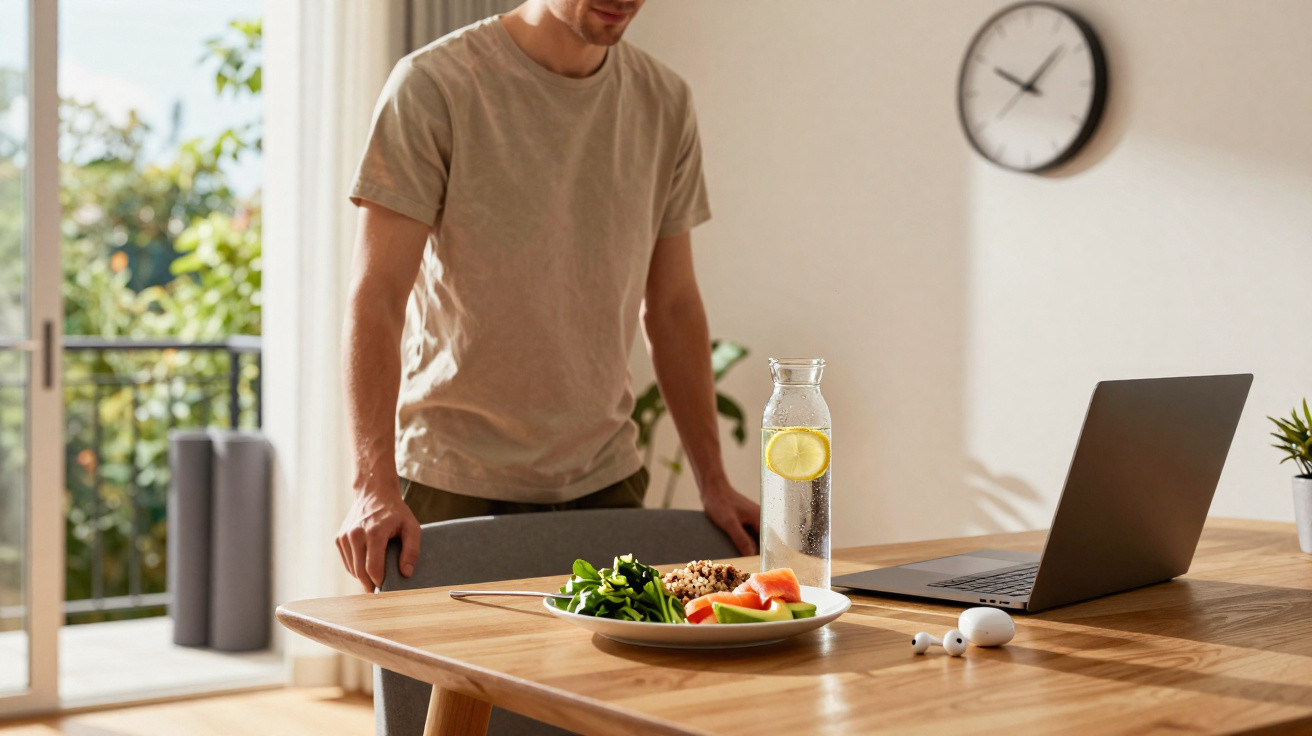 Homem prepara-se para almoçar com prato saudável, garrafa de água e portátil numa mesa de madeira.