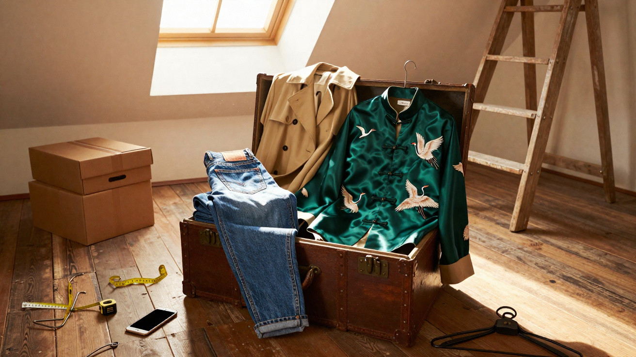 Mala aberta com roupas, calças de ganga, casaco bege e camisa verde com pássaros num quarto com chão de madeira.