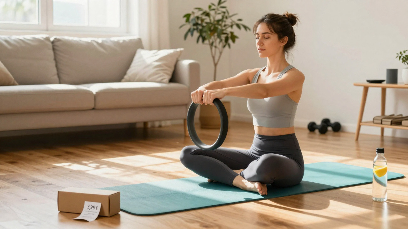 Mulher sentada em tapete de yoga a fazer exercício com aro de pilates em sala iluminada.