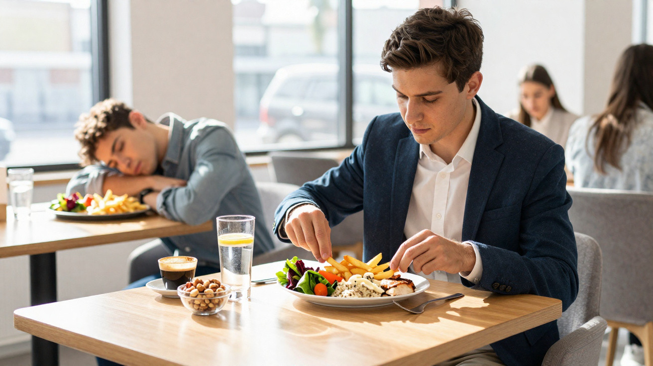 Homem vestido formalmente a comer salada e batatas fritas num restaurante luminoso.