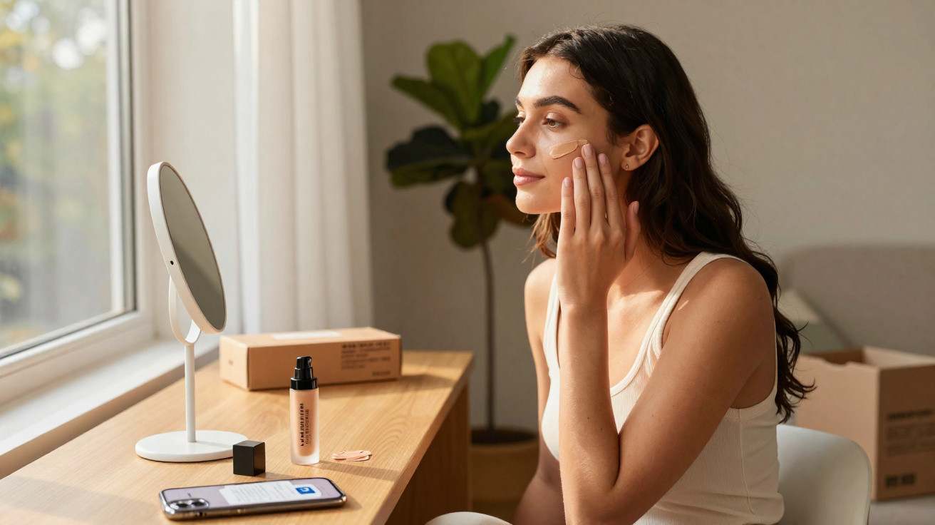 Mulher aplica creme facial olhando para espelho numa mesa junto a uma janela com luz natural.