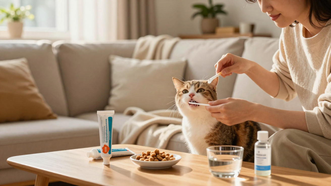 Mulher a escovar os dentes de um gato num ambiente doméstico acolhedor.