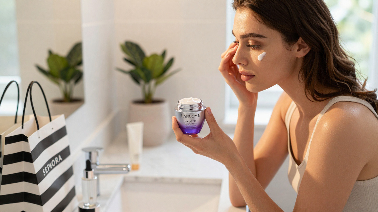 Mulher aplica creme Lancôme La Rose no rosto em casa, com sacos Sephora ao lado.