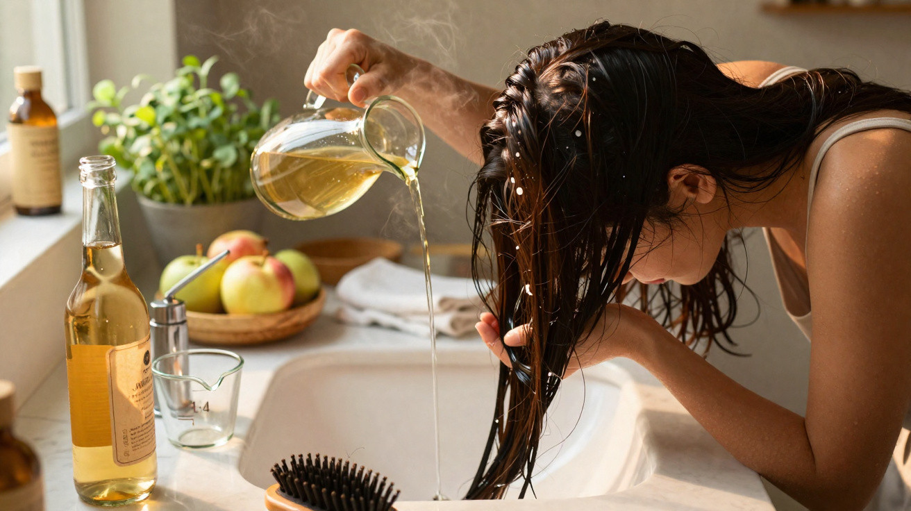 Mulher a lavar o cabelo com líquido transparente vertido de uma jarra numa pia de casa de banho.