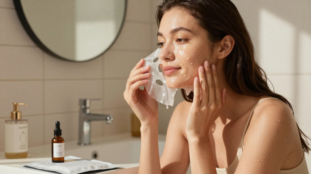 Mulher aplica máscara facial de gel numa casa de banho com produtos de skincare ao lado.