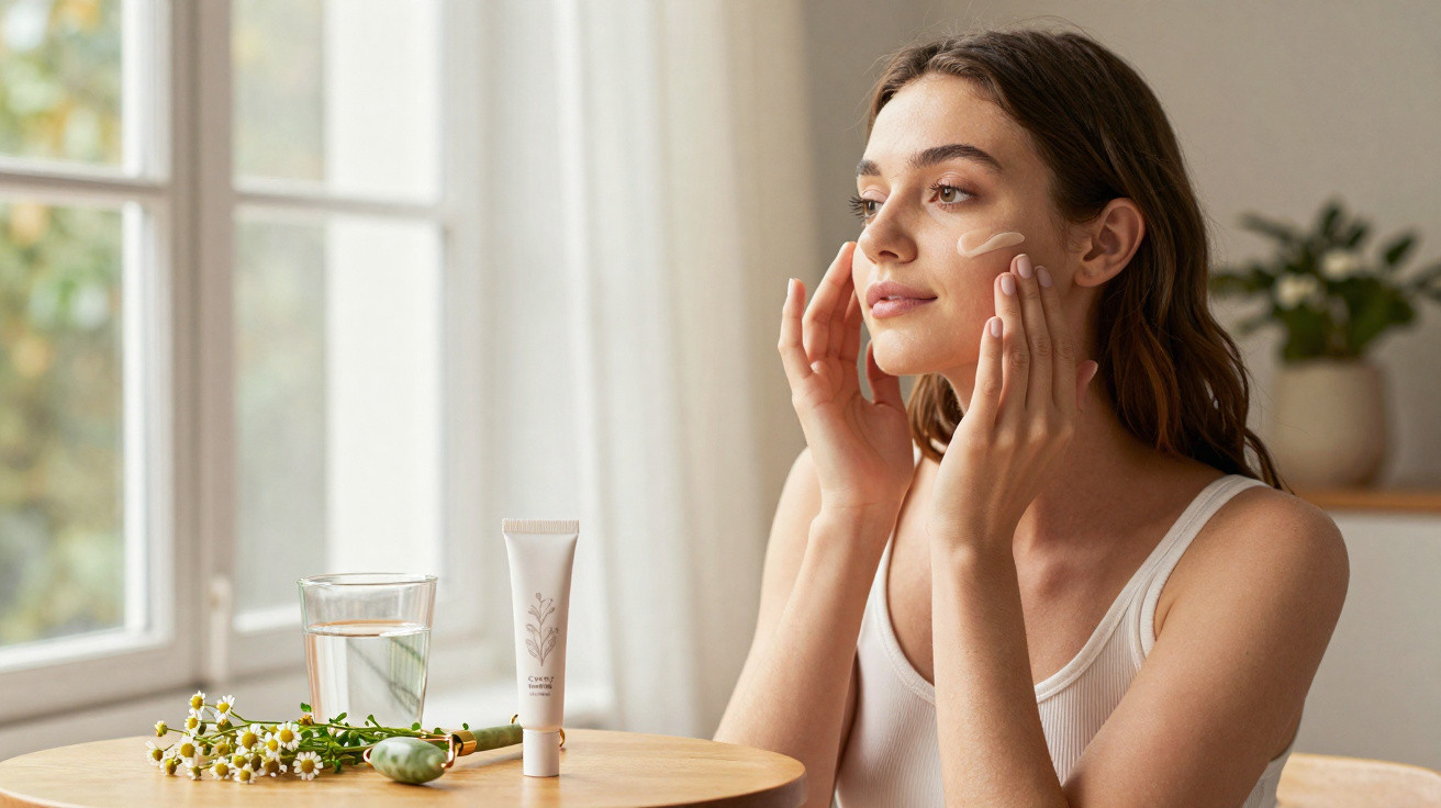 Mulher aplica creme facial junto a mesa com flores, tubo de creme e copo de água, ao lado de janela iluminada.