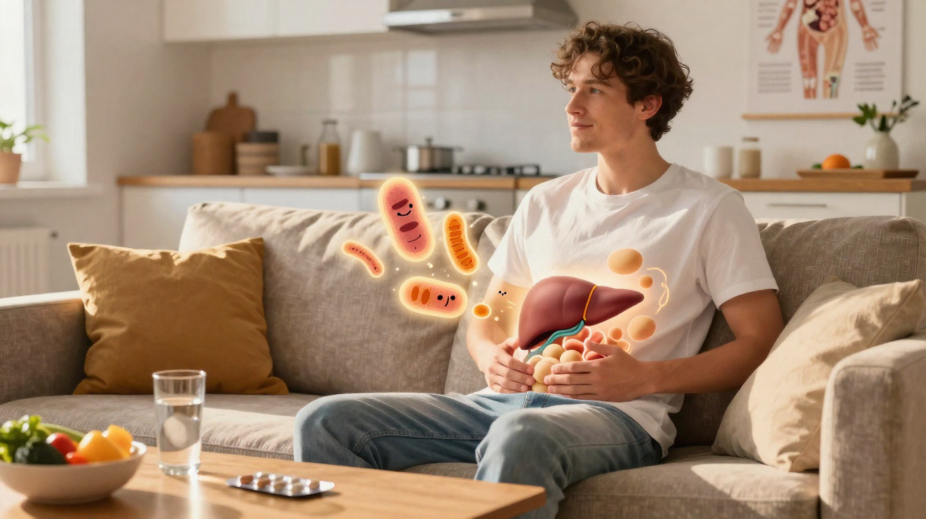 Homem sentado no sofá com ilustração de fígado e micro-organismos no abdómen, numa sala de estar moderna.