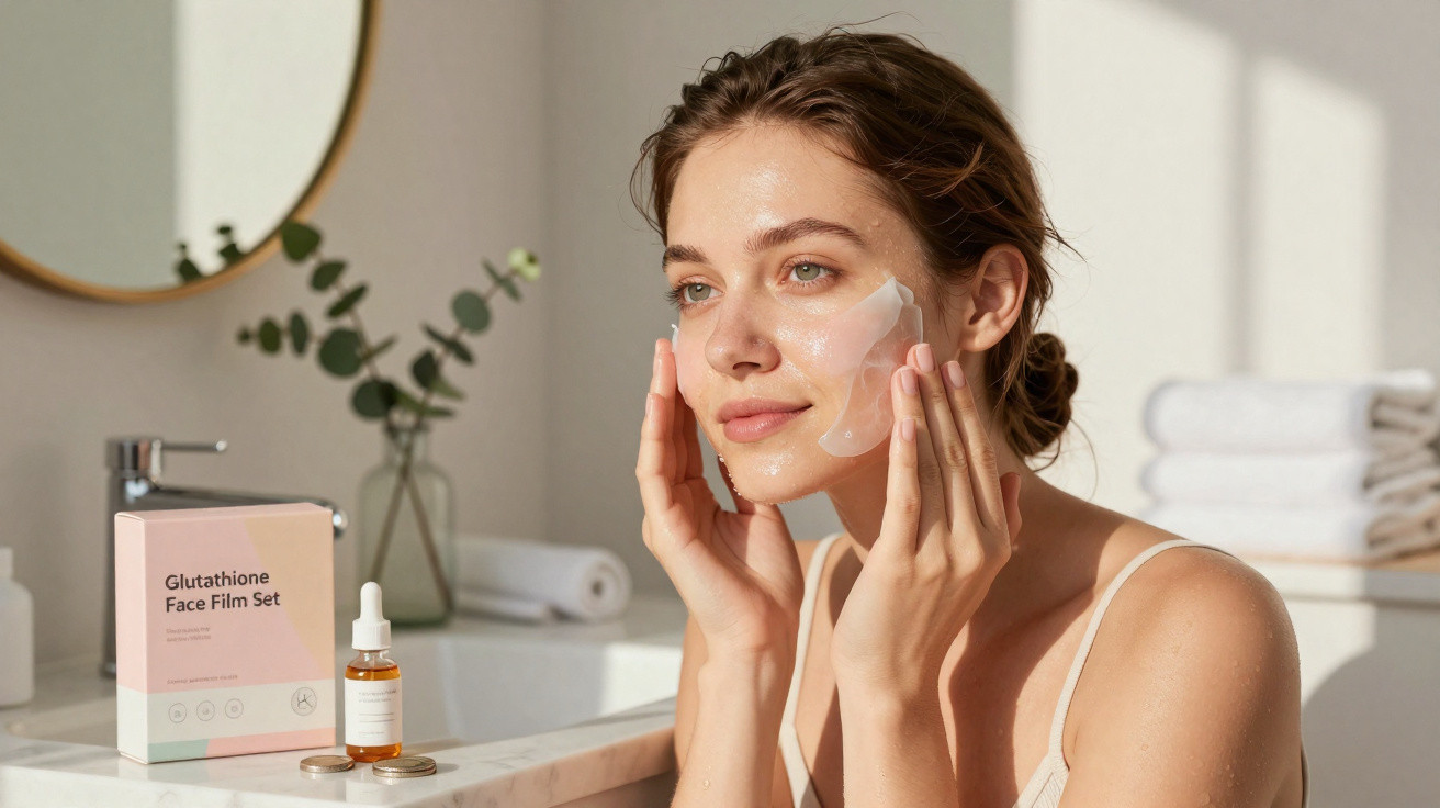 Mulher a aplicar uma máscara facial transparente num ambiente de casa de banho iluminado e organizado.