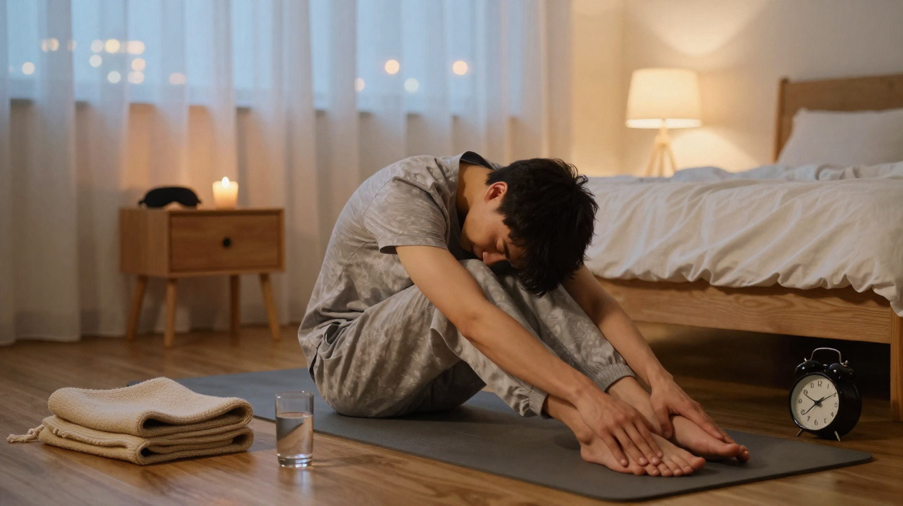 Homem a alongar-se sentado no chão de um quarto junto a um copo de água e um relógio despertador.