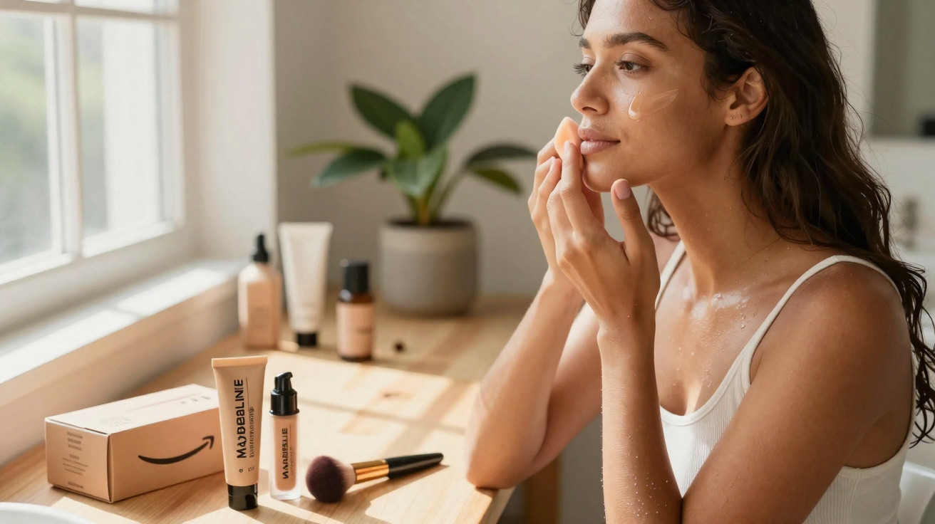 Mulher jovem a aplicar maquilhagem com esponja perto de produtos cosméticos numa mesa iluminada por luz natural.