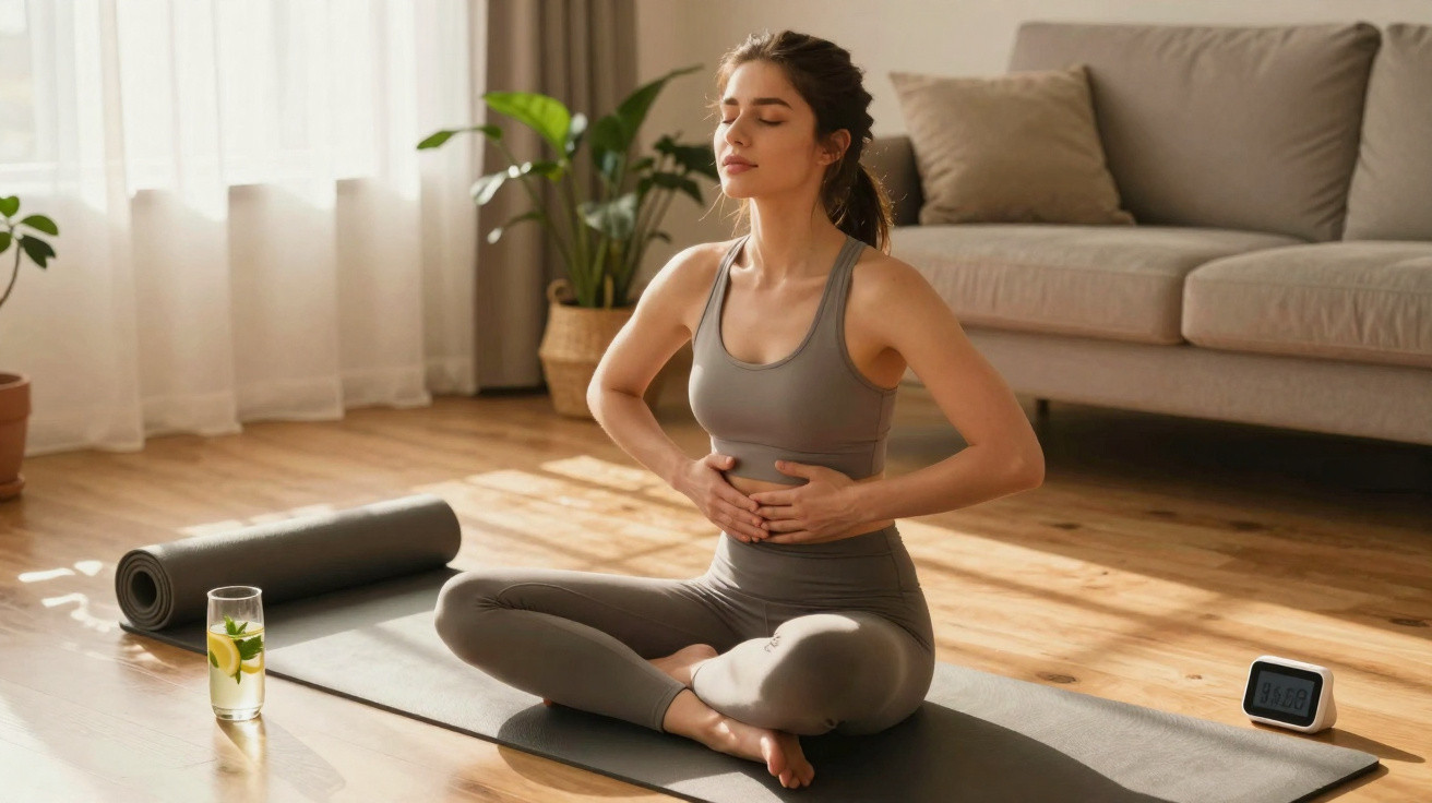 Mulher de roupa desportiva a meditar sentada em posição de lótus numa sala iluminada pelo sol.