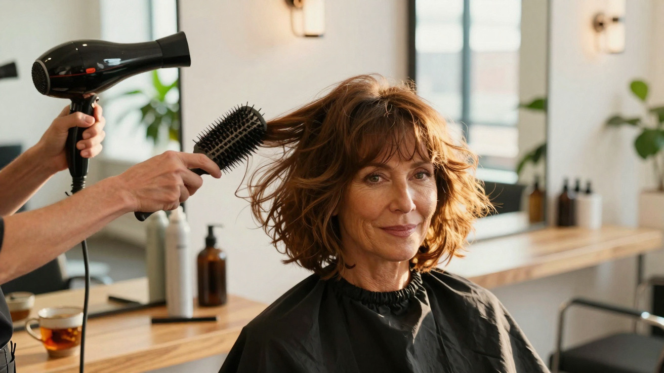 Mulher sorridente a ter o cabelo seco com secador e escovado por cabeleireiro num salão moderno.