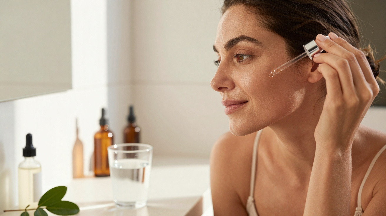Mulher a aplicar sérum facial com conta-gotas no rosto num ambiente de casa de banho iluminado.