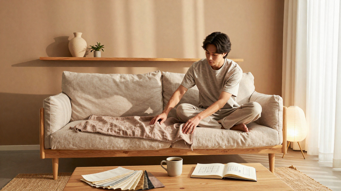 Homem sentado no sofá a arrumar uma manta, com mesa de madeira, livros e caneca à sua frente.