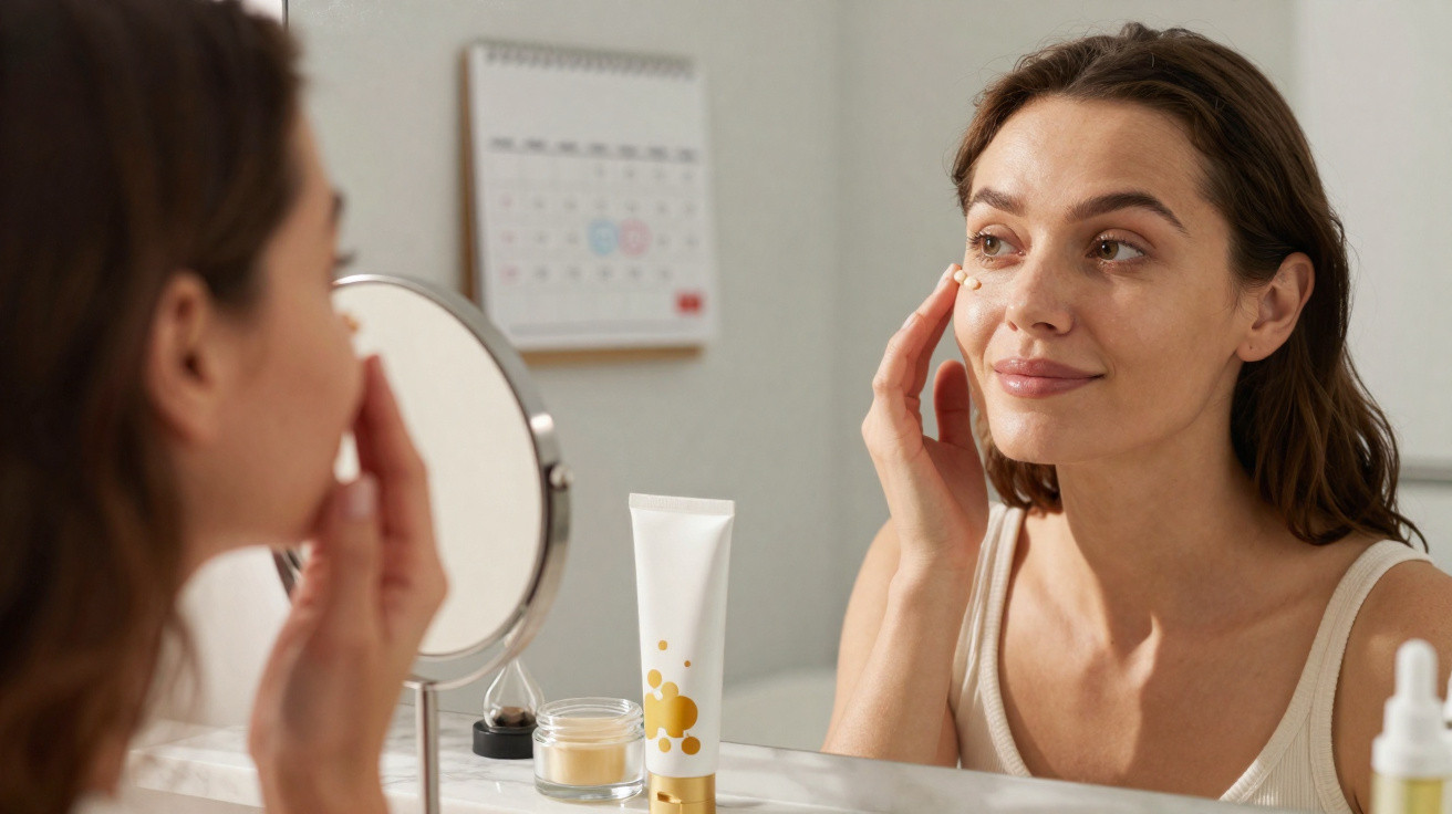 Mulher a aplicar creme facial junto a um espelho numa bancada com produtos de cuidado de pele.