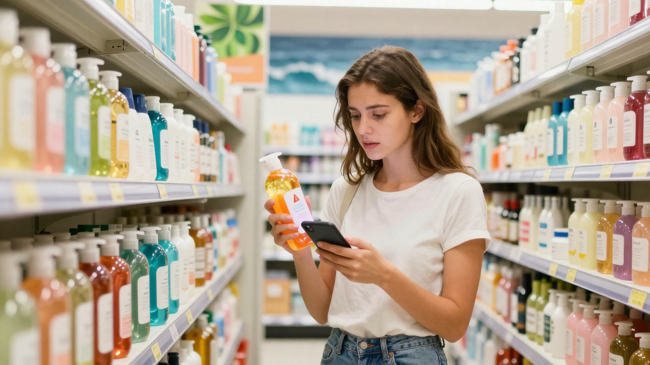 Mulher a comparar produtos de banho enquanto consulta o telemóvel numa prateleira de supermercado.
