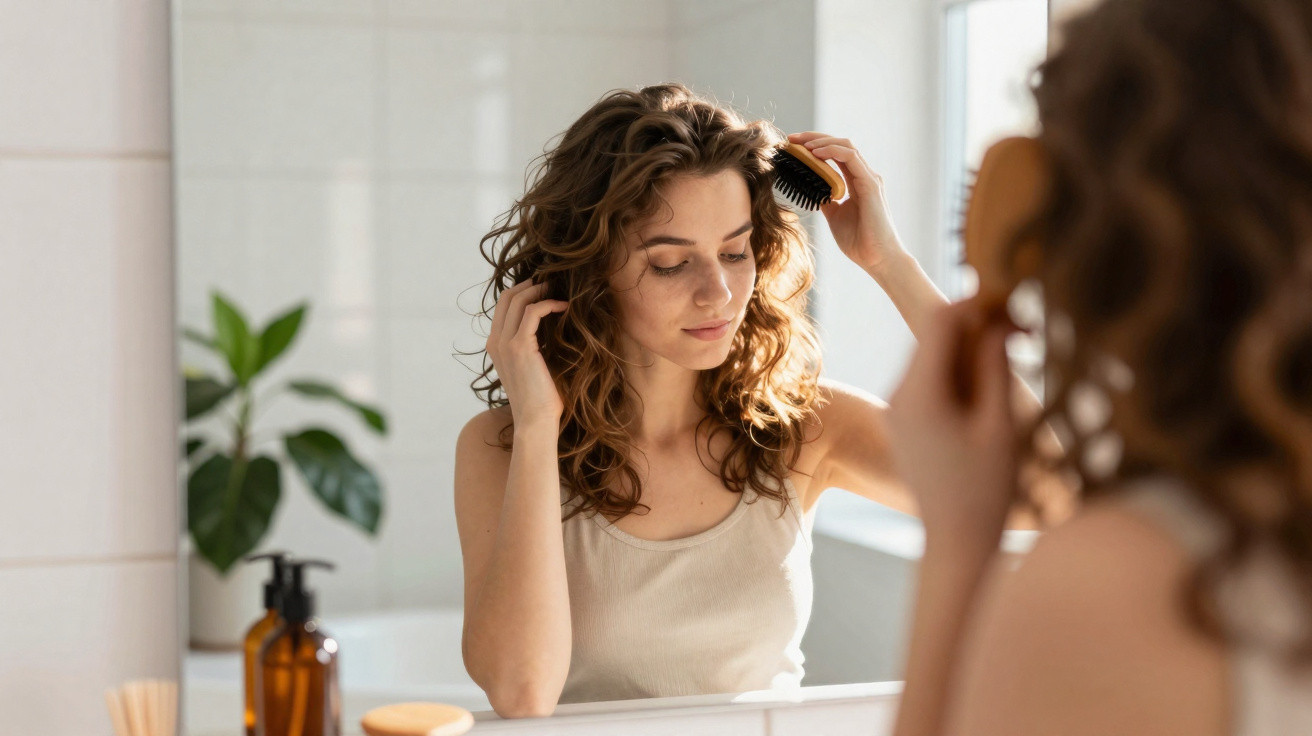 Mulher com cabelo ondulado a escovar-se perante um espelho numa casa de banho iluminada.