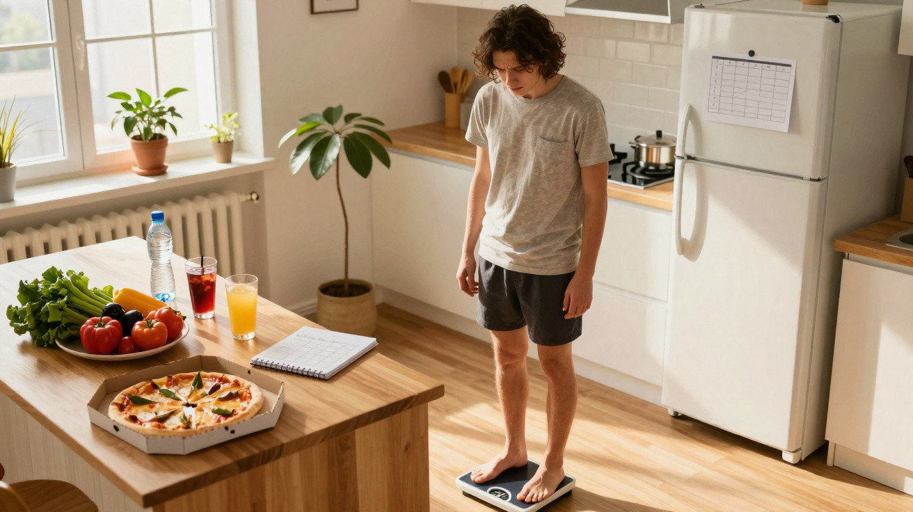 Jovem de pé numa balança na cozinha, olhando para o visor, com pizza e vegetais na mesa.