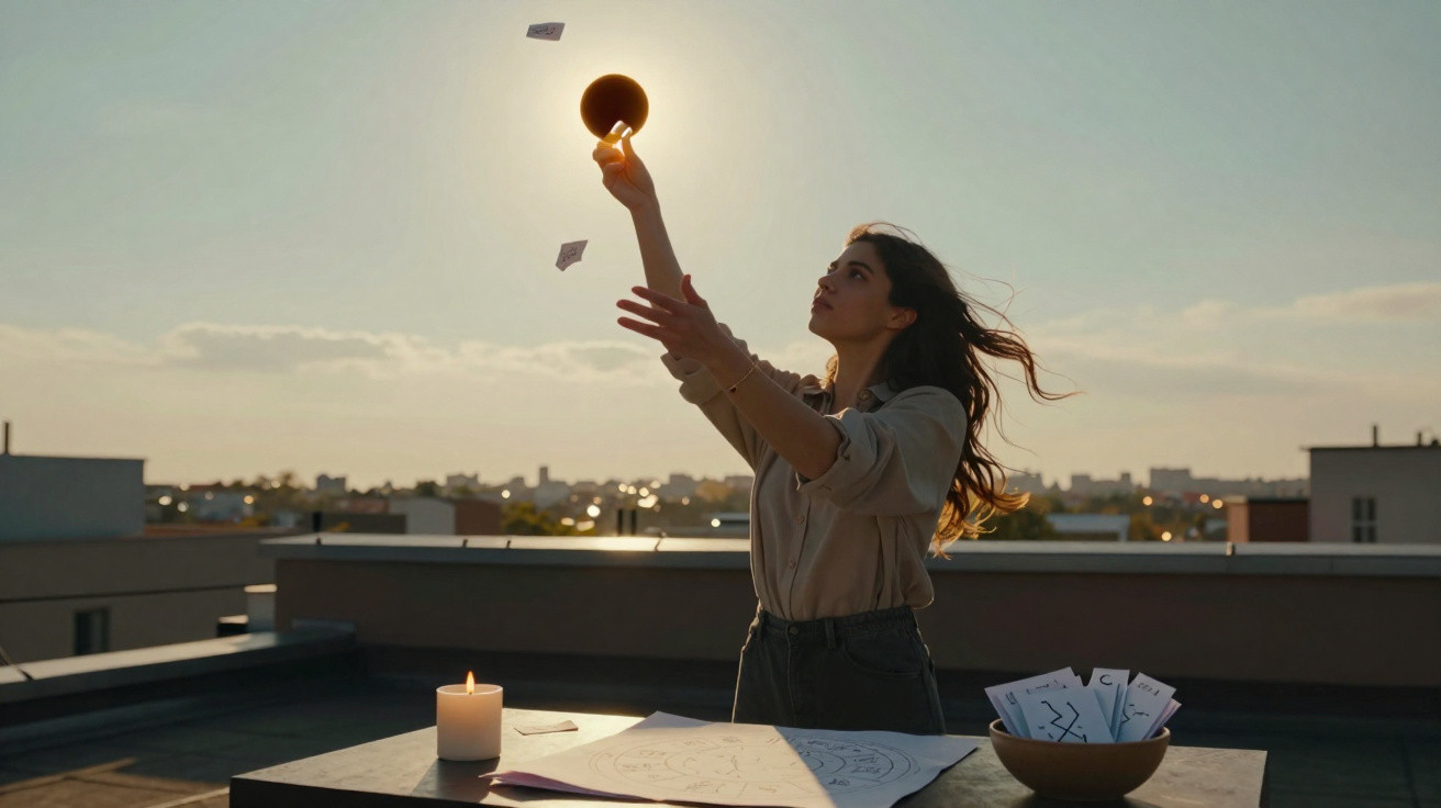 Mulher num terraço com folhas de papel e vela acesa, segurando uma placa redonda contra o céu ao pôr do sol.