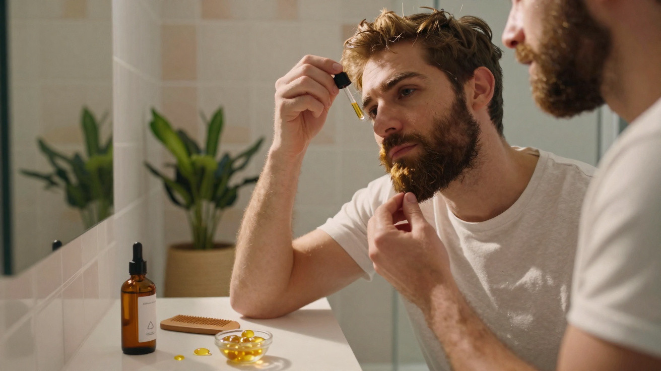 Homem aplicando óleo de barba com conta-gotas na casa de banho, olhando ao espelho.