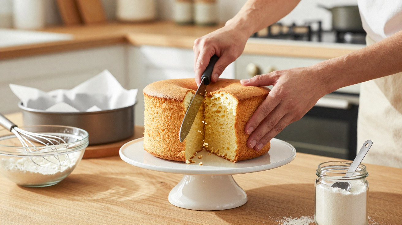 Pessoa a cortar um bolo fofo amarelo sobre um suporte branco numa cozinha moderna.