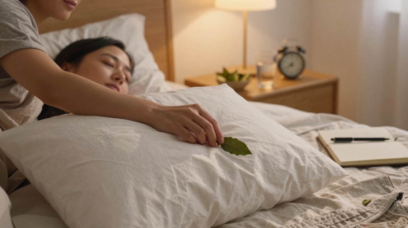 Pessoa adormecida na cama com almofada branca enquanto outra mão coloca uma folha verde em cima.