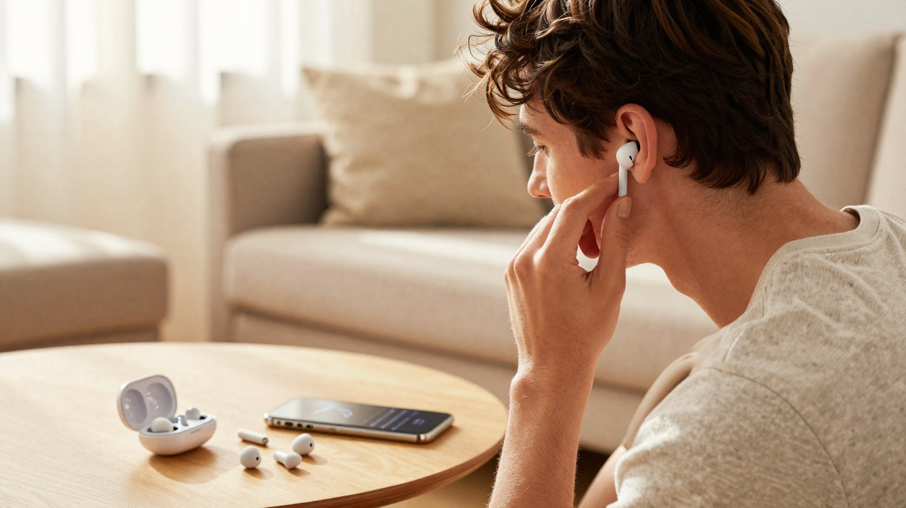 Homem a usar earbuds brancos sentado numa sala com smartphone e estojo de carregamento numa mesa de madeira.