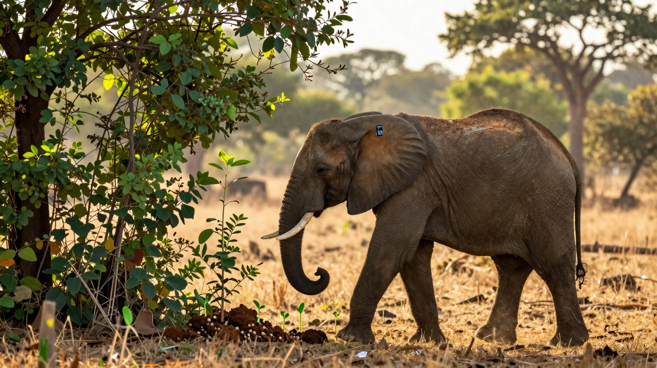Elefante jovem a andar em savana seca perto de arbusto verde com fundo de árvores desfocado.