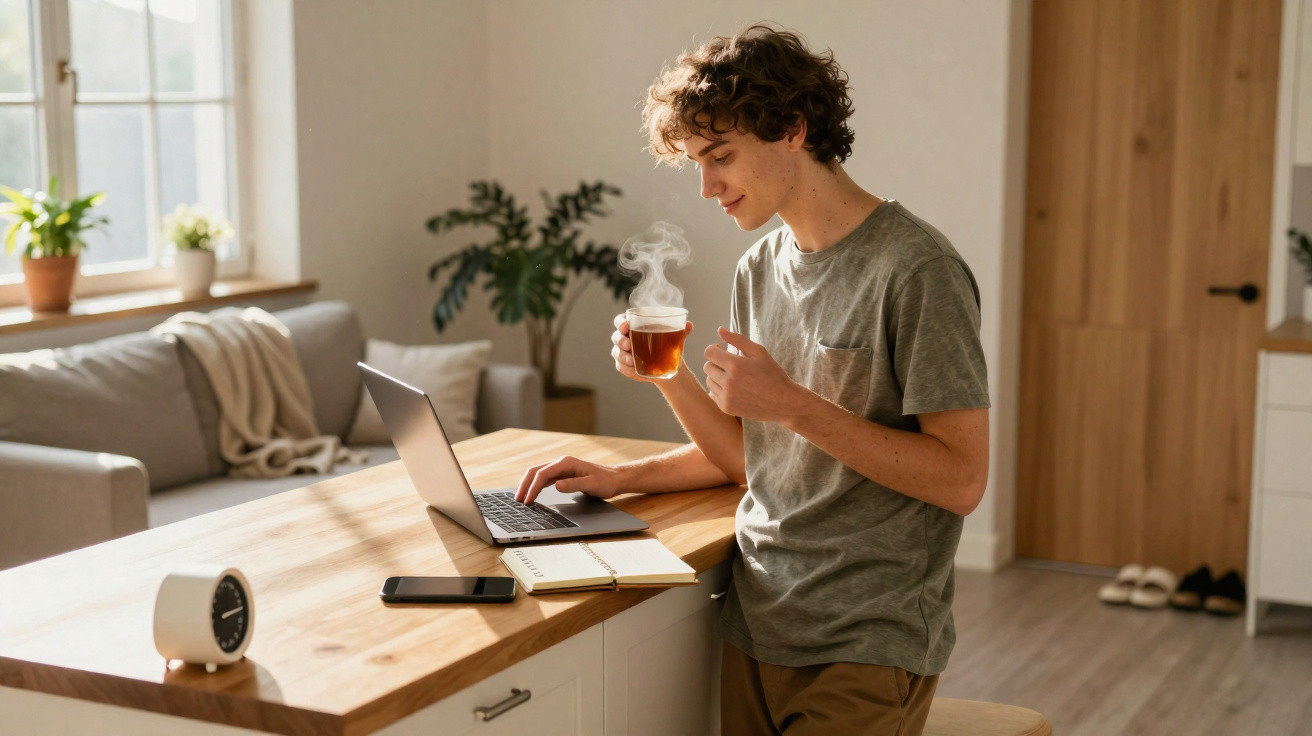 Jovem a trabalhar no portátil com chá quente numa cozinha luminosa e confortável.