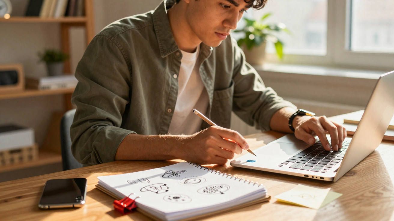 Jovem sentado a desenhar em caderno enquanto usa computador portátil numa mesa com luz natural.