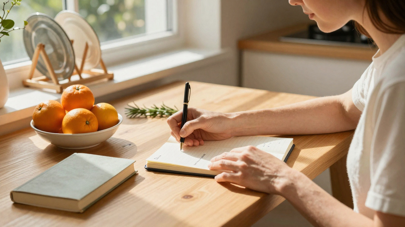 Pessoa a escrever num caderno numa mesa de madeira com frutas num prato e um livro fechado ao lado.