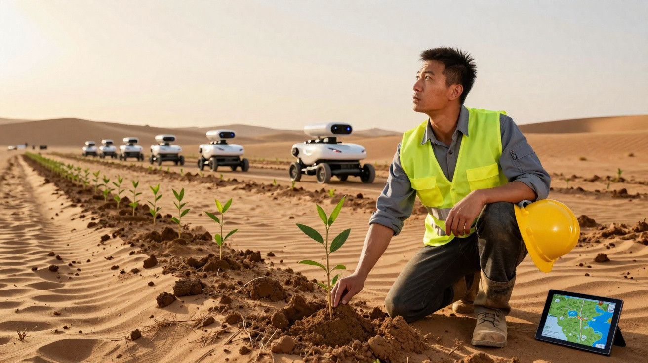 Homem com colete reflexivo planta muda no deserto, rodeado por robots e tablet com mapa digital.