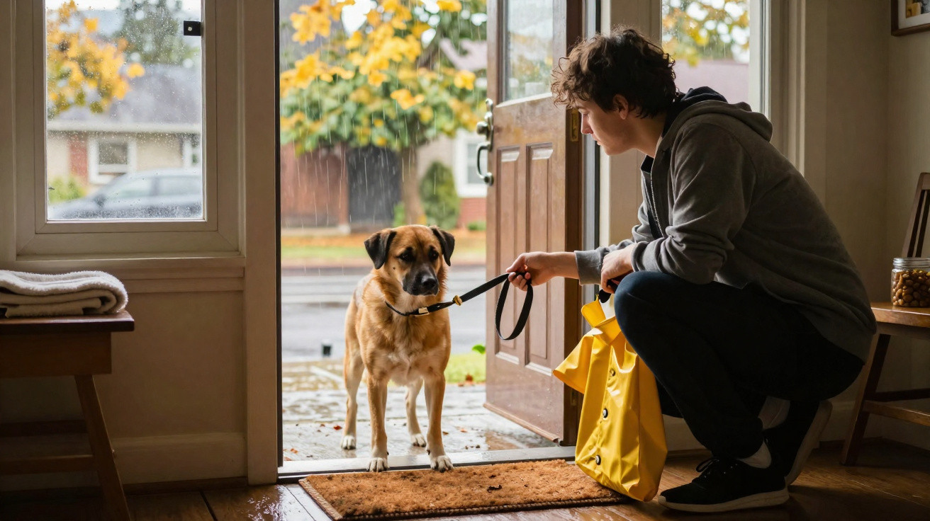 Pessoa com impermeável amarelo segura trela de cão à porta enquanto chove do lado de fora.