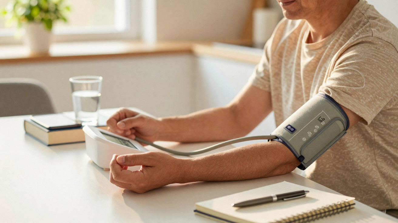 Homem a medir a pressão arterial com aparelho digital numa mesa com caderno, caneta, livros e copo de água.